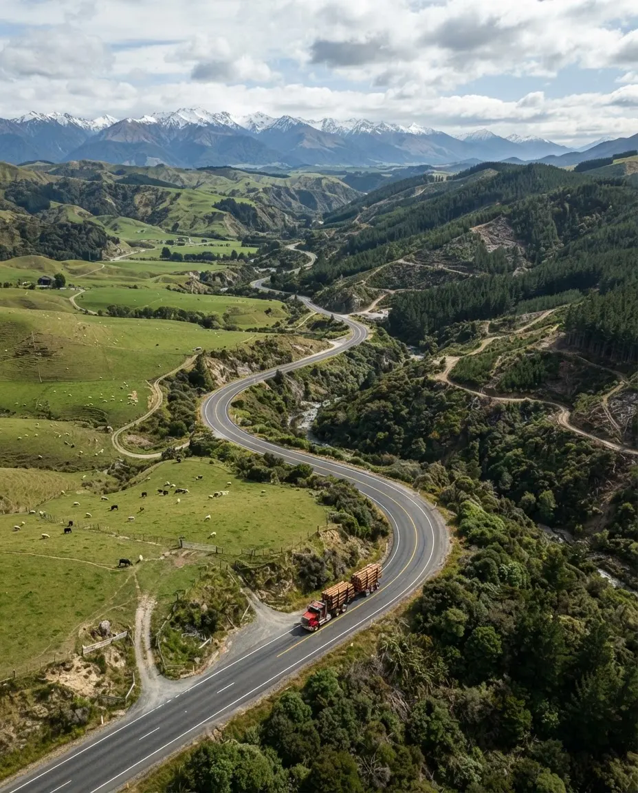 Aerial view of a BHL log truck running a winding highway through New Zealand forestry and farmland, snow-capped mountains in the distance