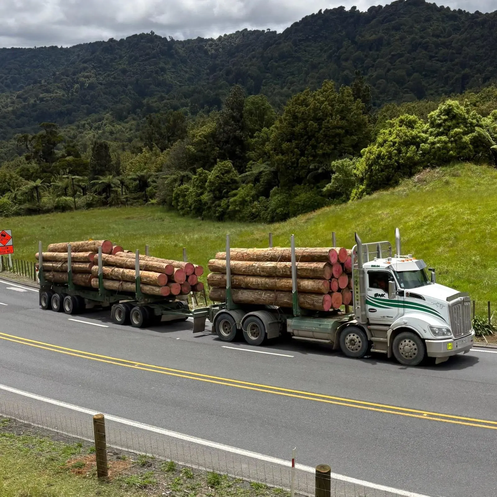 BHL log truck and trailer loaded with logs on a New Zealand highway